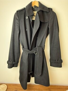 Burberry Black Wool Coat with Branded Interior Label